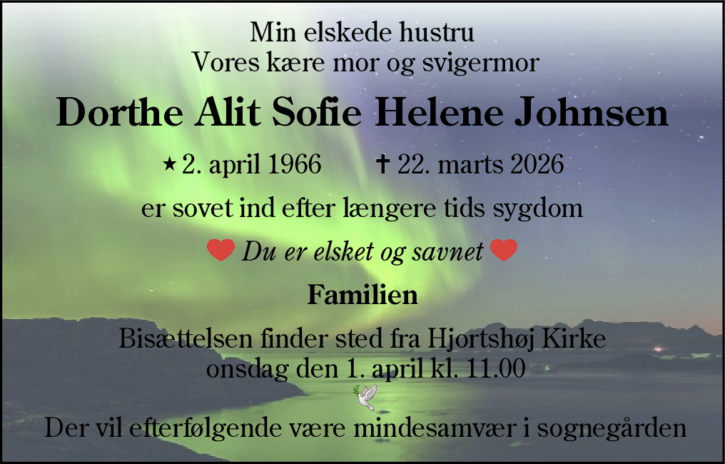Dødsannonce for Dorthe Alit Sofie Helene Johnsen