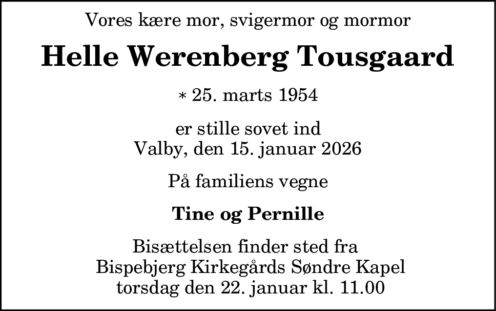 Dødsannonce for Helle Tousgaard