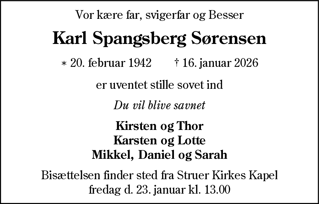 Dødsannonce for Karl Spangsberg Sørensen