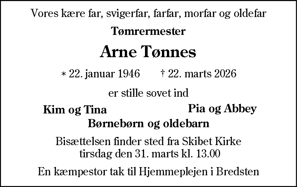 Dødsannonce for Arne Tønnes