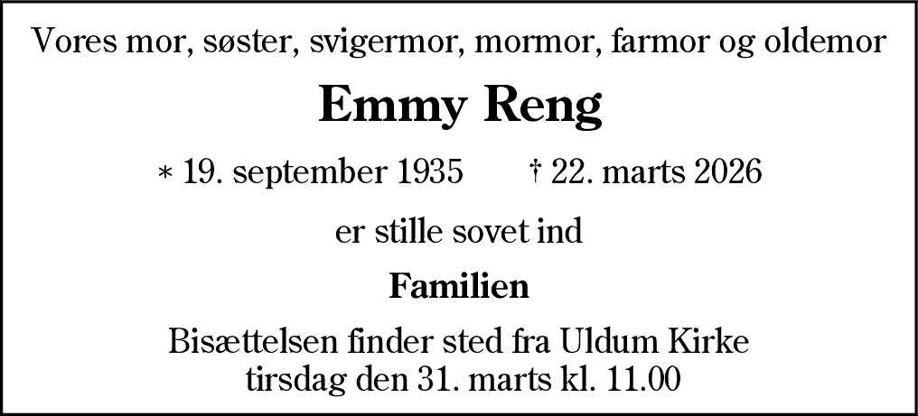 Dødsannonce for Emmy Reng