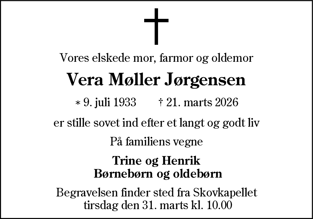 Dødsannonce for Vera Møller Jørgensen