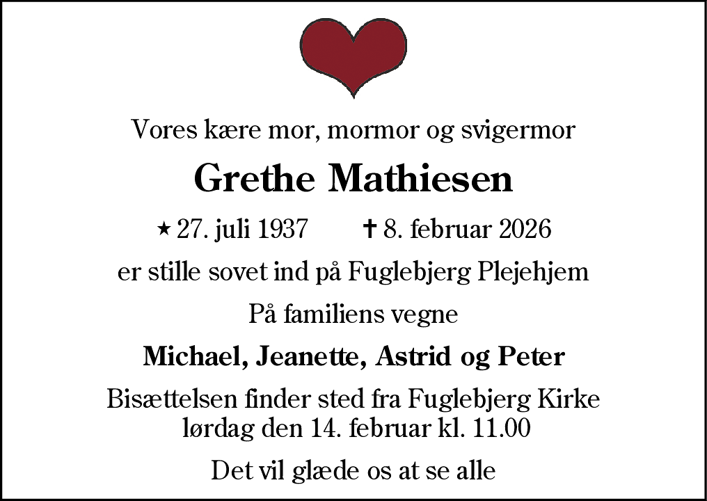 Dødsannonce for Grethe Lis Mathiesen