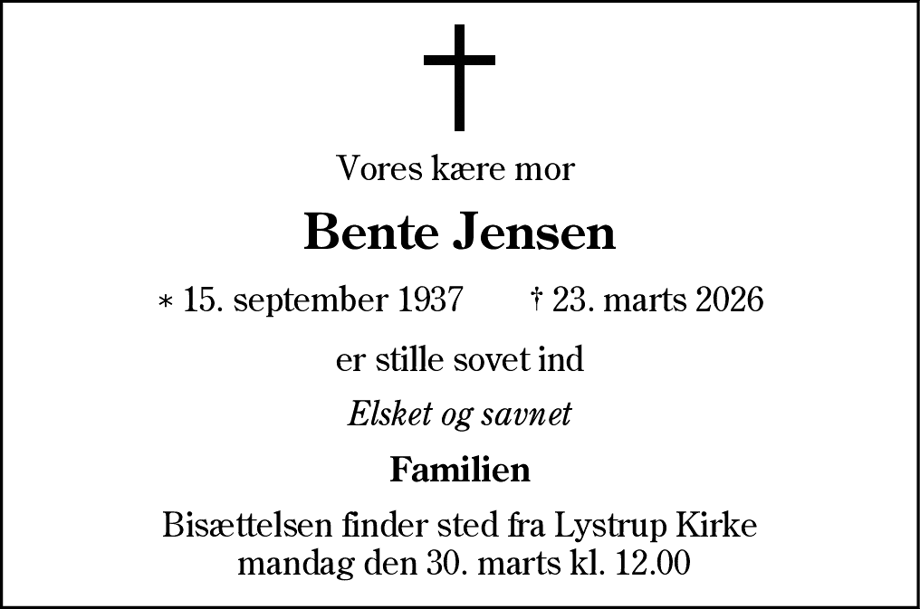 Dødsannonce for Bente Jensen