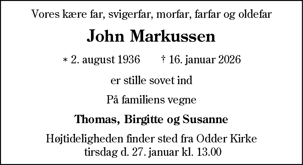 Dødsannonce for John Emil Markussen