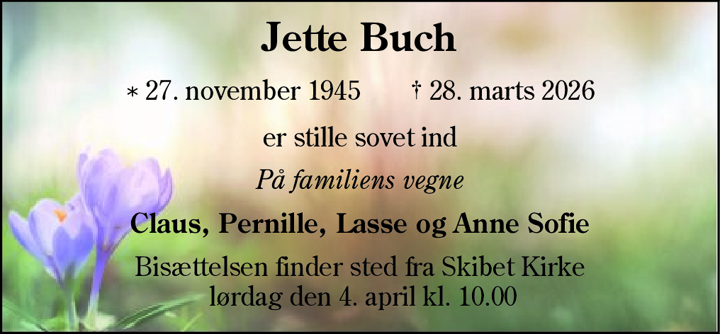 Dødsannonce for Jette Buch