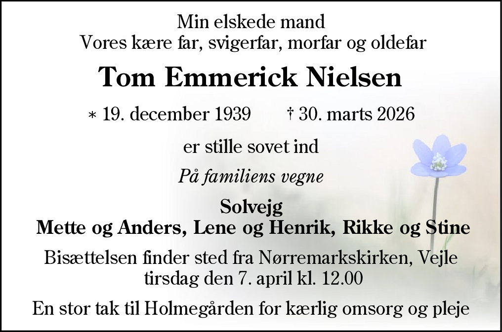Dødsannonce for Tom Emmerick Nielsen