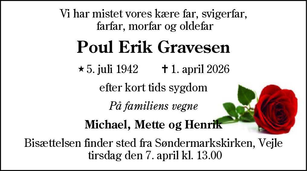 Dødsannonce for Poul Erik Gravesen