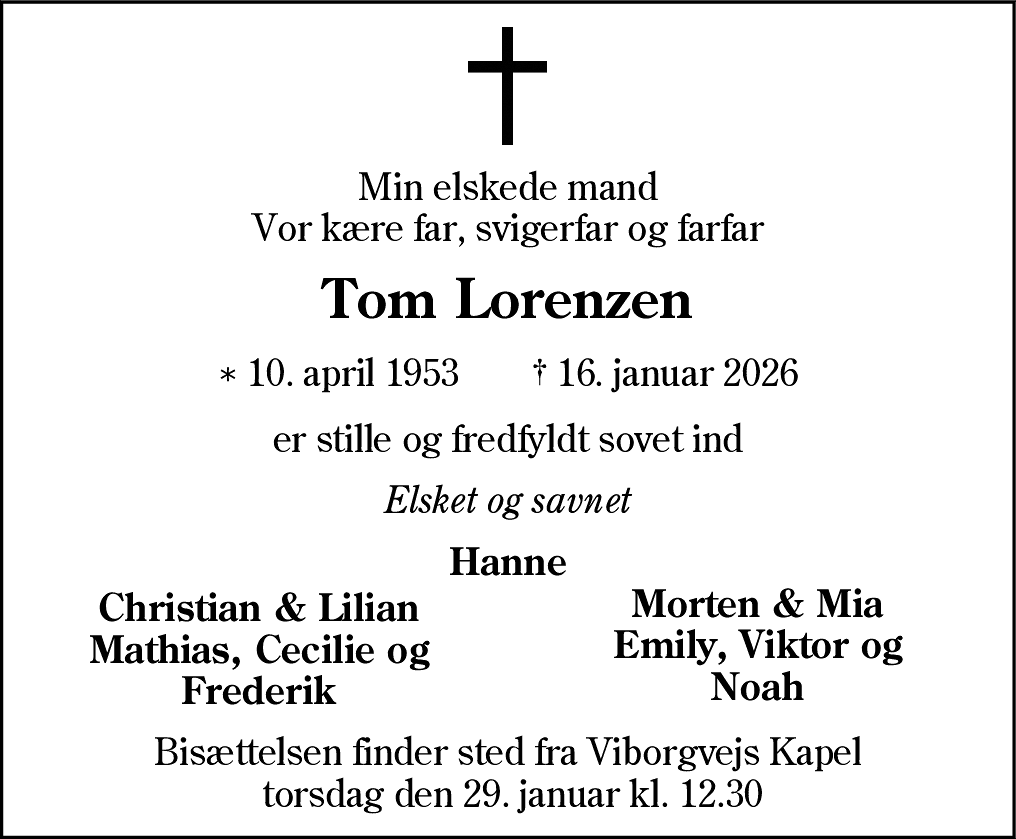 Dødsannonce for Tom Lorenzen