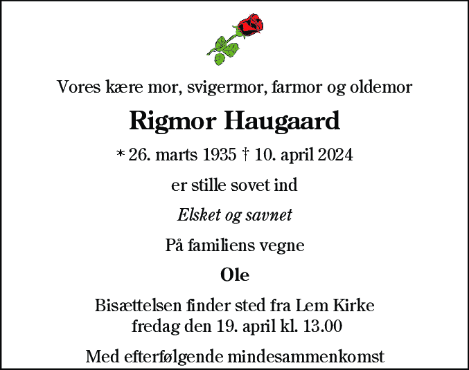 Dødsannonce for Rigmor Haugaard