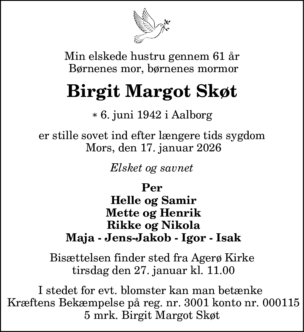 Dødsannonce for Birgit Margot Skøt