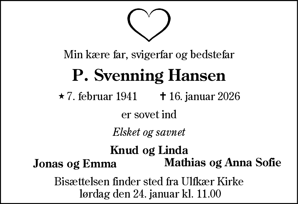 Dødsannonce for Peder Svenning Hansen