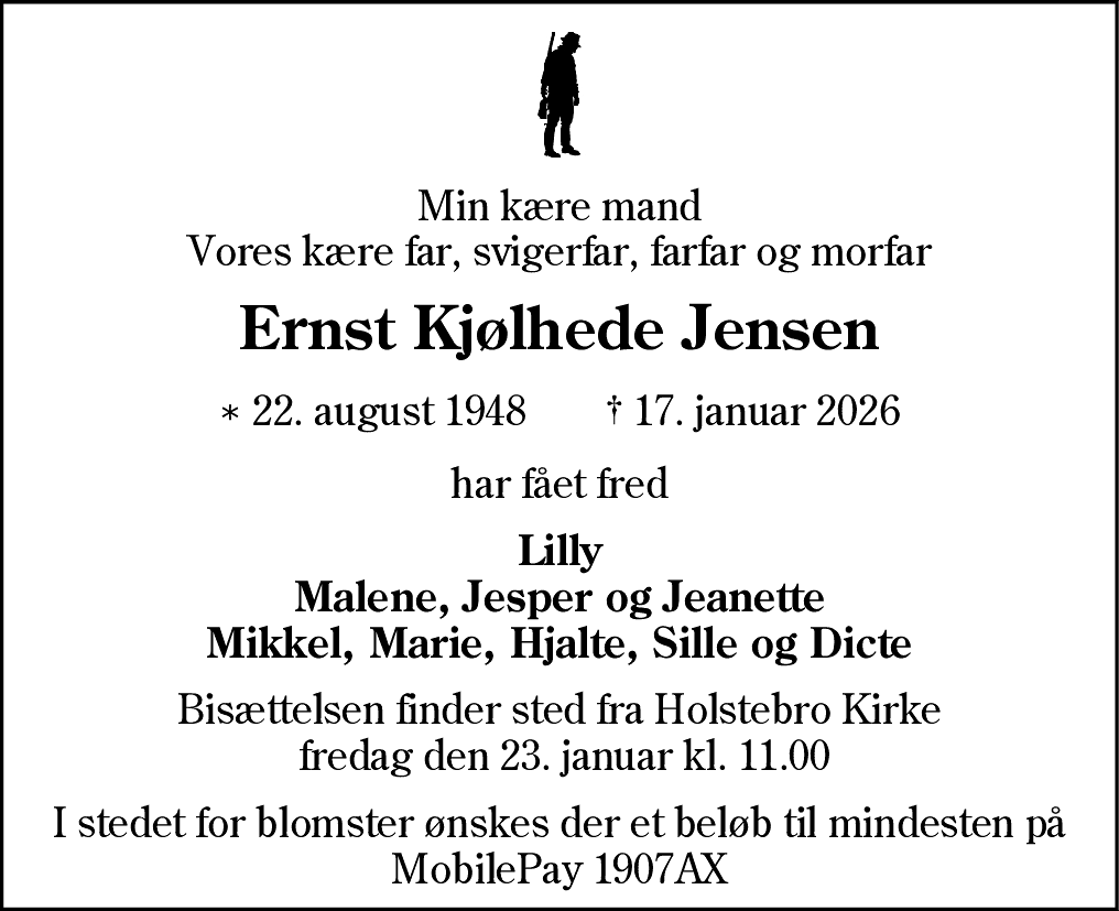 Dødsannonce for Ernst Kjølhede Jensen