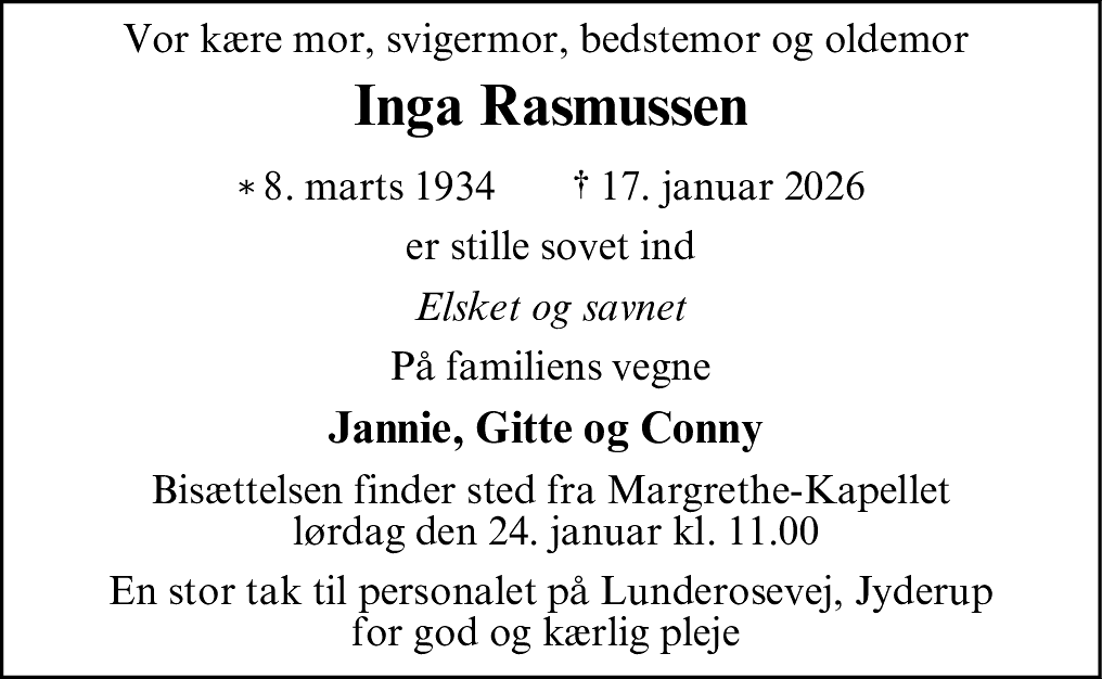Dødsannonce for Inga Eline Rasmussen