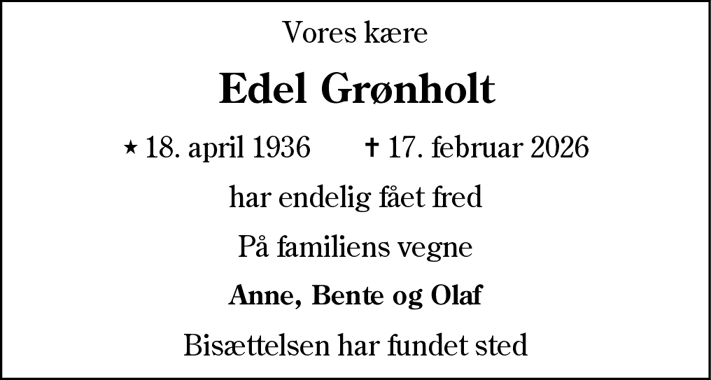 Dødsannonce for Edel Grønholt