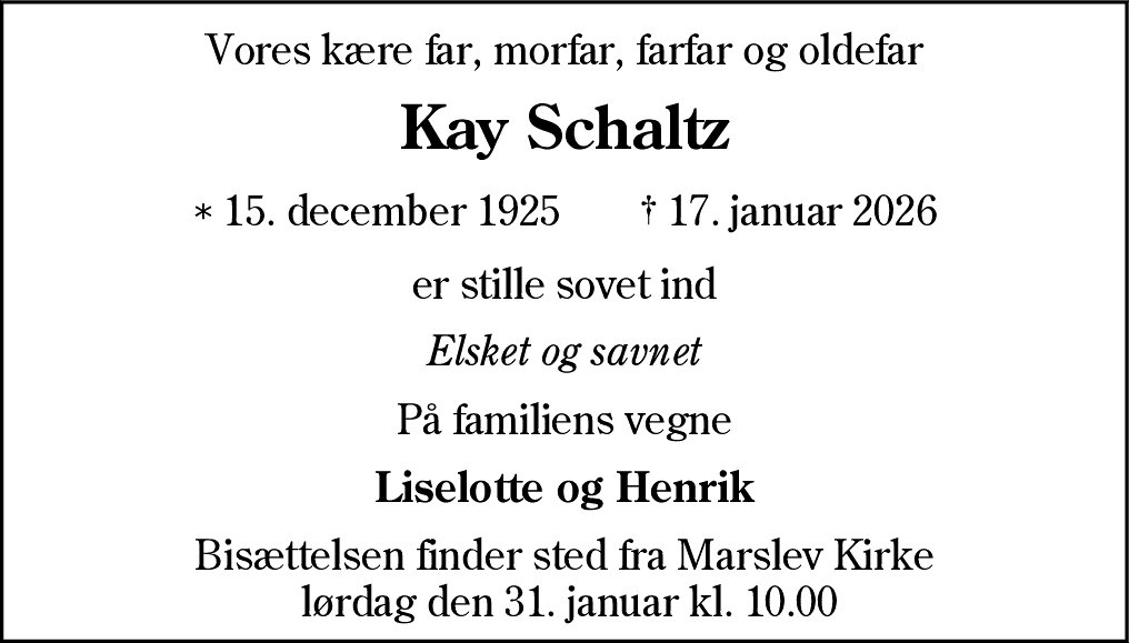 Dødsannonce for Kay Schaltz