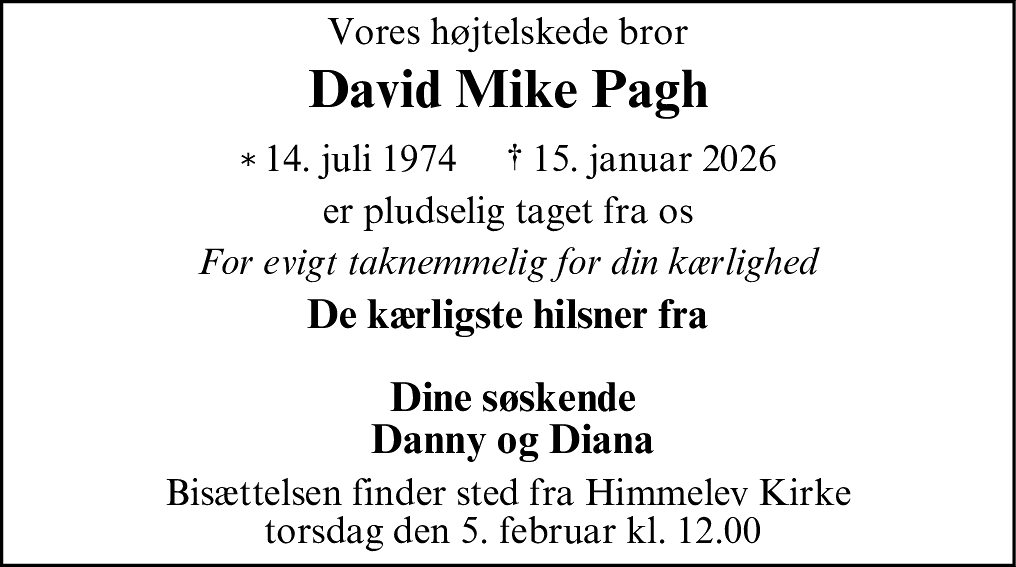 Dødsannonce for David Mike Pagh