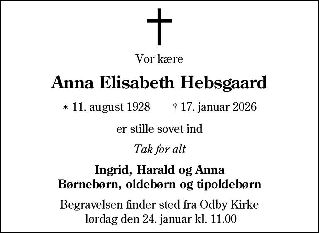Dødsannonce for Anna Elisabeth Hebsgaard
