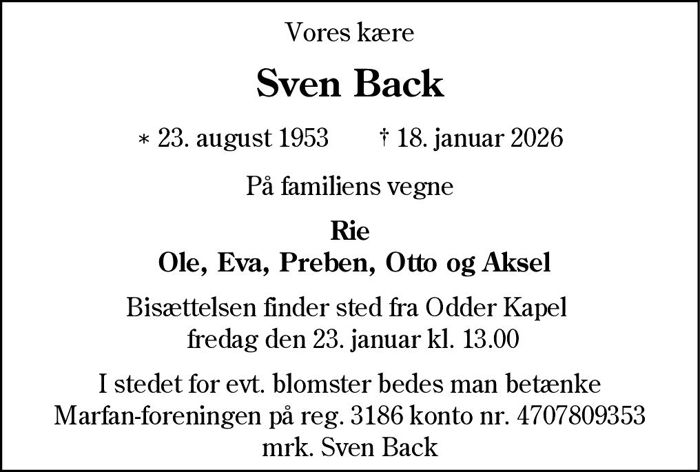 Dødsannonce for Sven Back