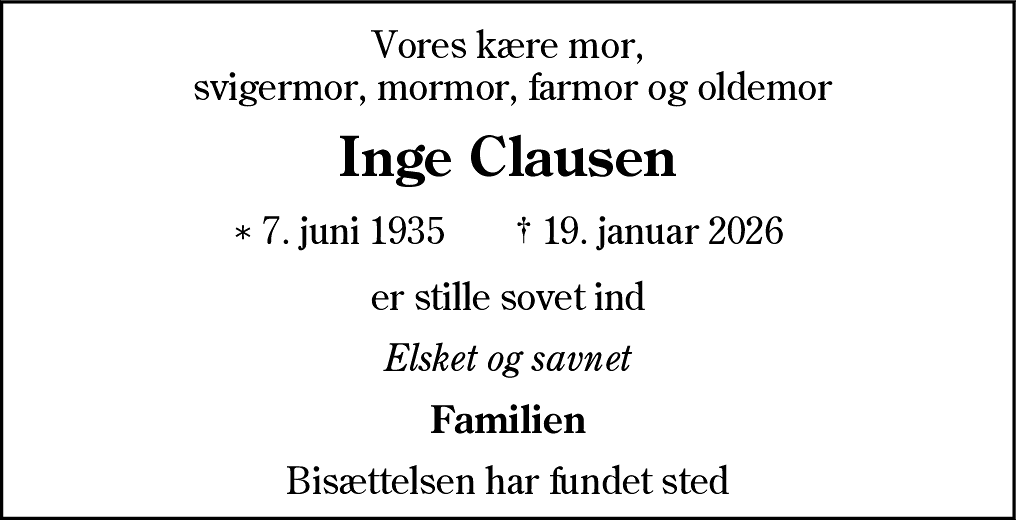 Dødsannonce for Inge Clausen