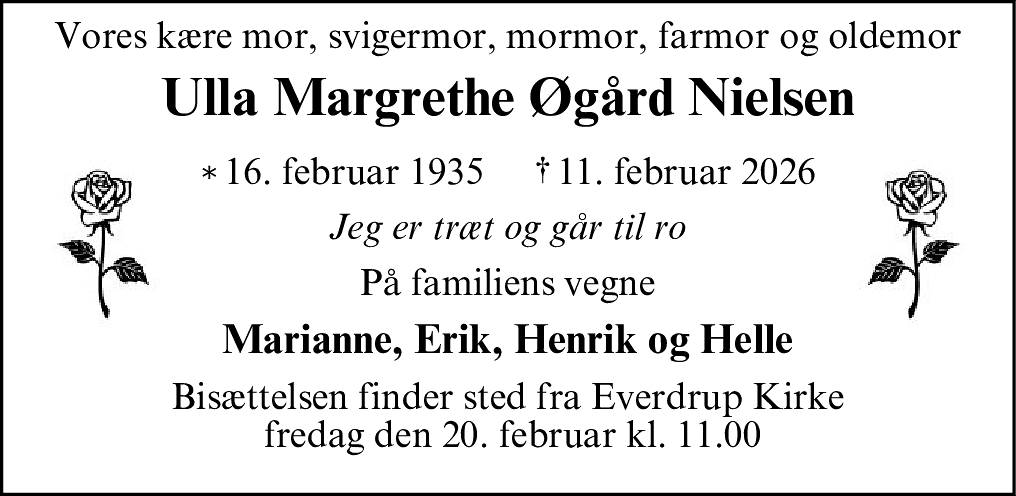 Dødsannonce for Ulla Margrethe Øgård Nielsen