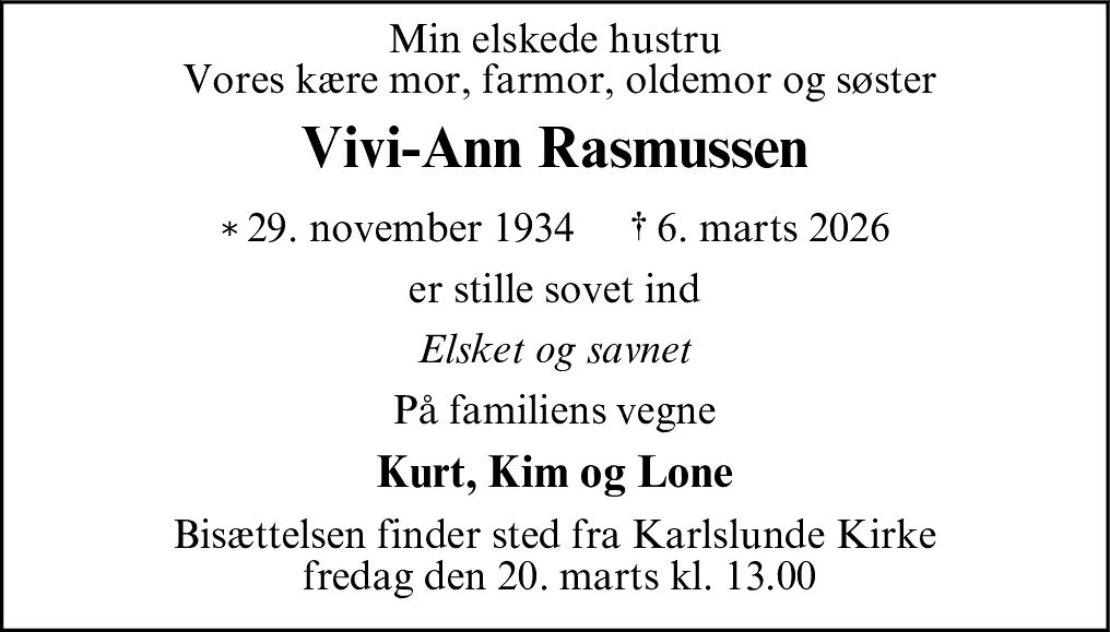Dødsannonce for Vivi-Ann Rasmussen