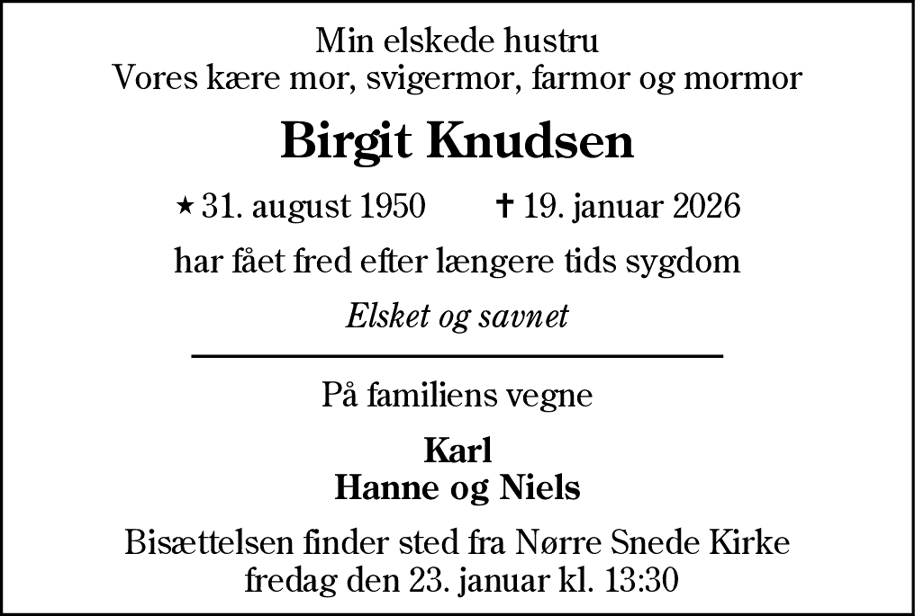 Dødsannonce for Birgit Knudsen
