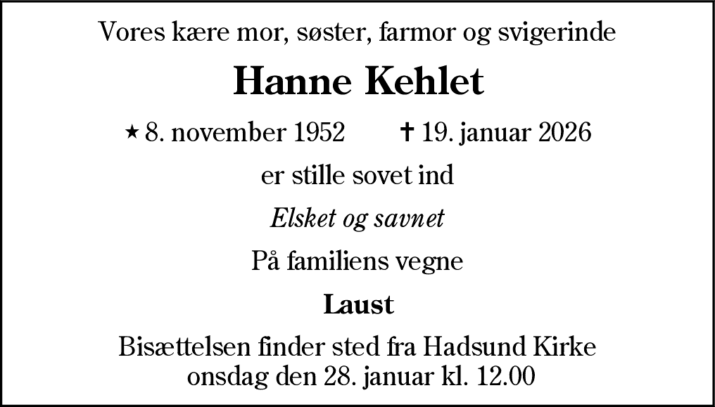 Dødsannonce for Hanne Kehlet
