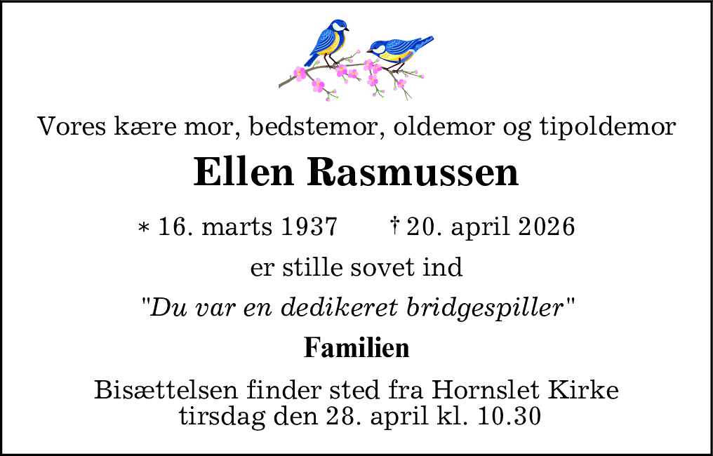 Dødsannonce for Ellen Rasmussen