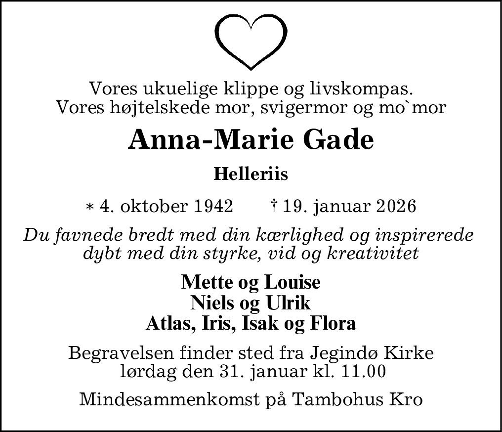 Dødsannonce for Anna Marie Gade