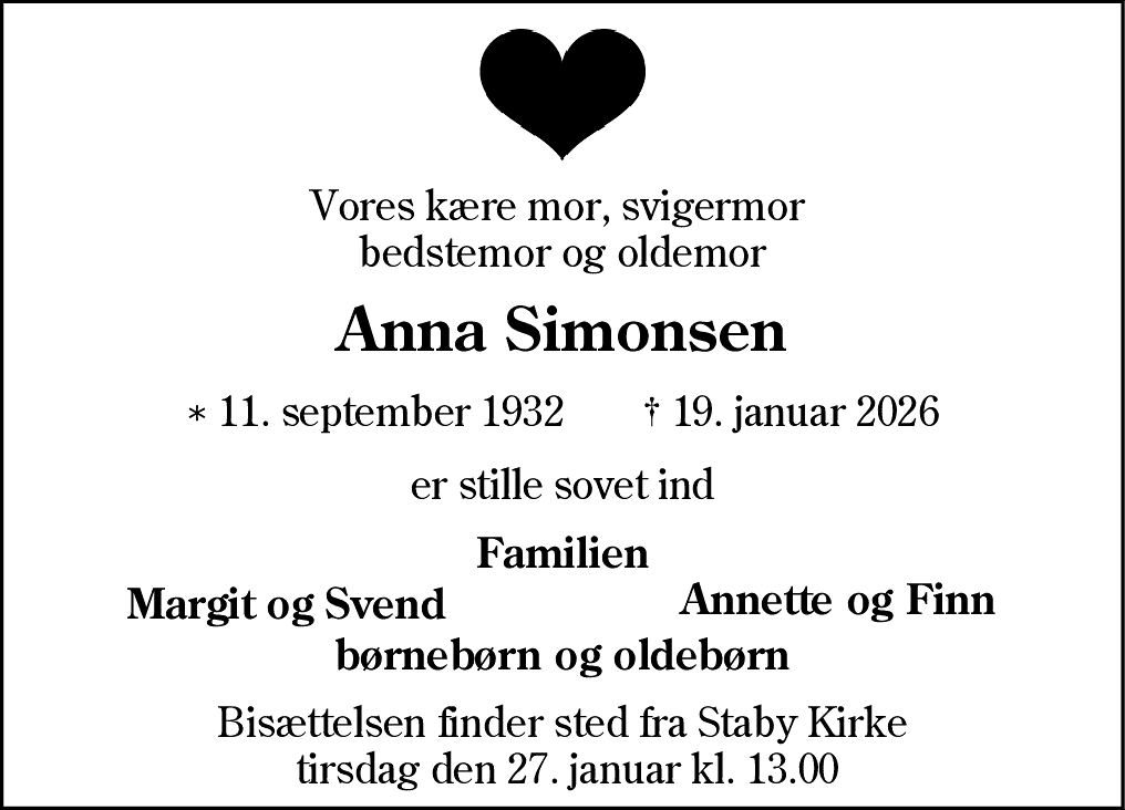 Dødsannonce for Anna Simonsen