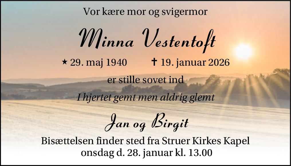 Dødsannonce for Minna Vestentoft