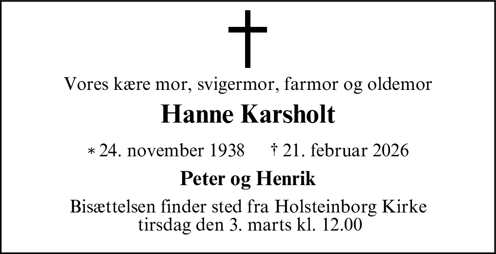 Dødsannonce for Hanne Lise Karsholt