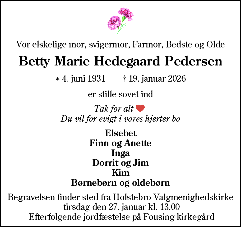 Dødsannonce for Betty Marie Hedegaard Pedersen