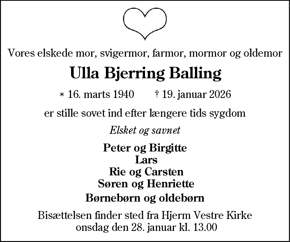 Dødsannonce for Ulla Bjerring Balling