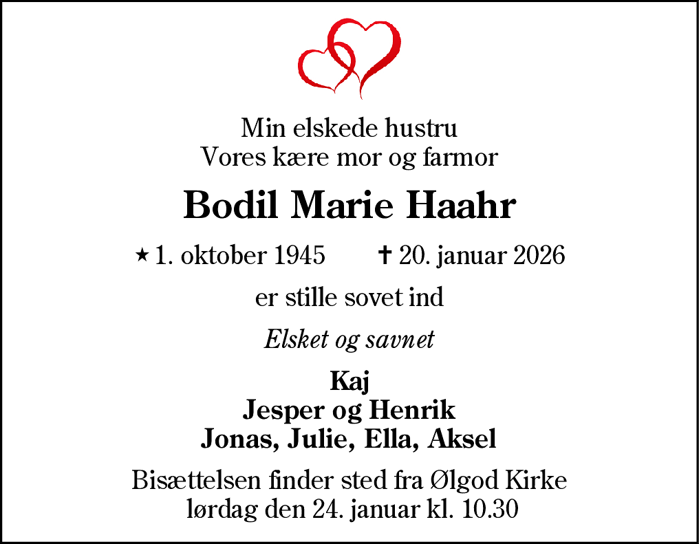 Dødsannonce for Bodil Marie Haahr
