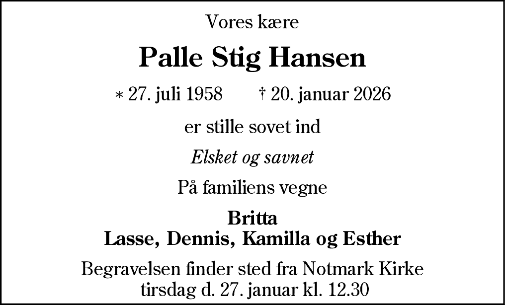 Dødsannonce for Palle Stig Hansen