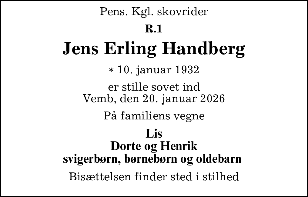 Dødsannonce for Jens Erling Handberg