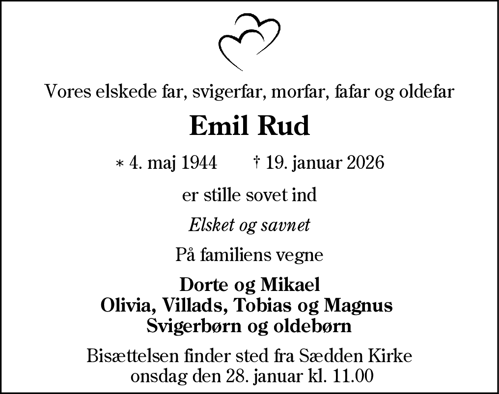 Dødsannonce for Emil Rud