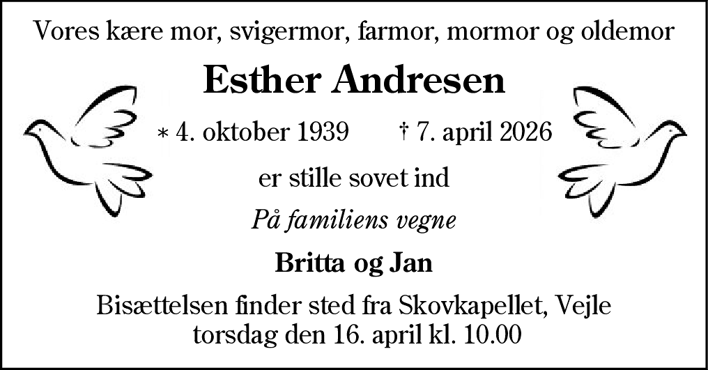 Dødsannonce for Esther Andresen
