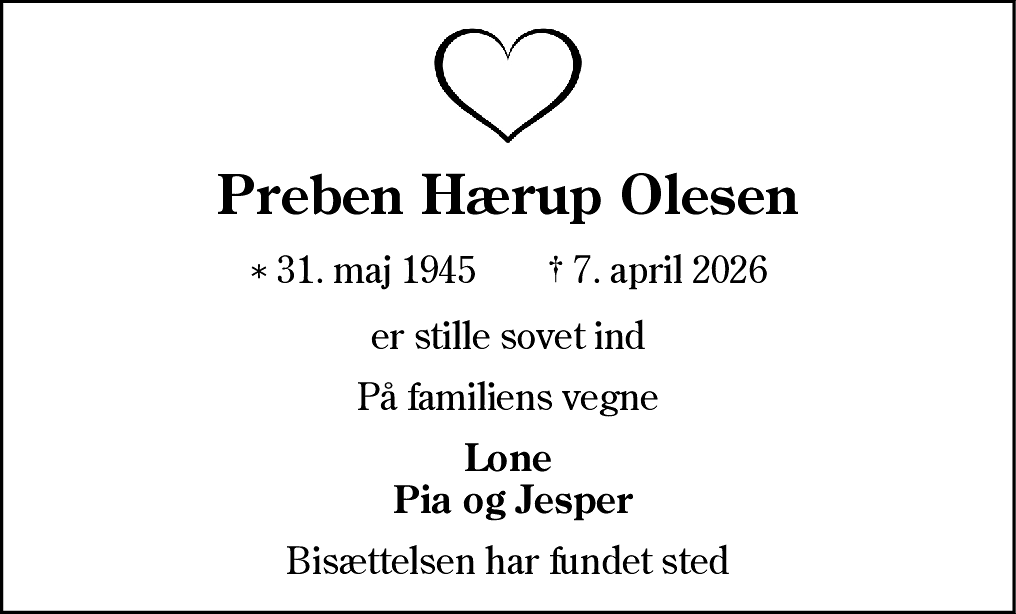 Dødsannonce for Preben Hærup Olesen