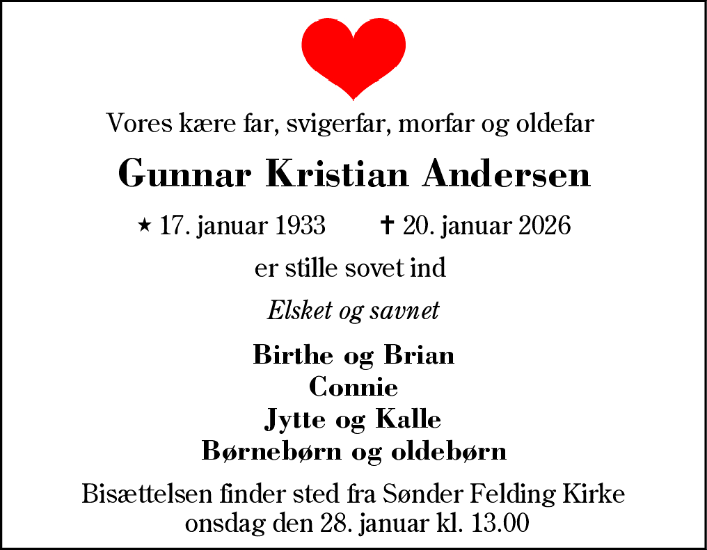 Dødsannonce for Gunnar Kristian Andersen