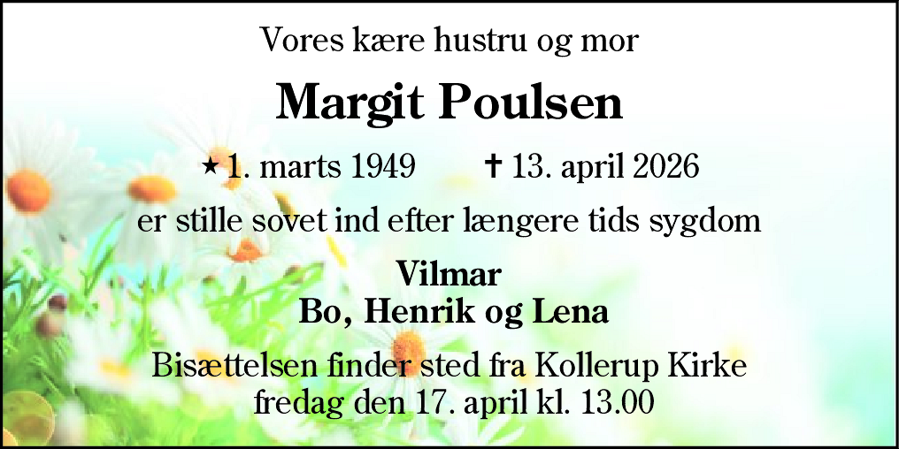 Dødsannonce for Margit Poulsen