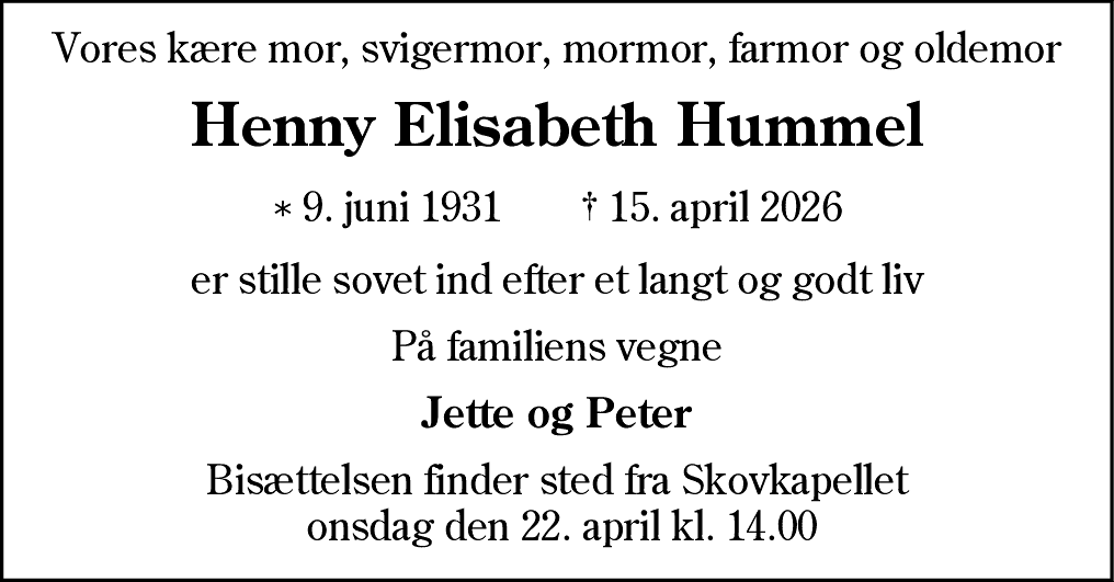 Dødsannonce for Henny Elisabeth Hummel