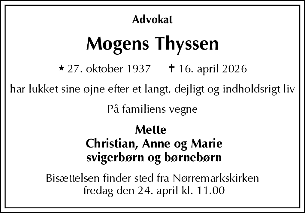 Dødsannonce for Mogens Thyssen