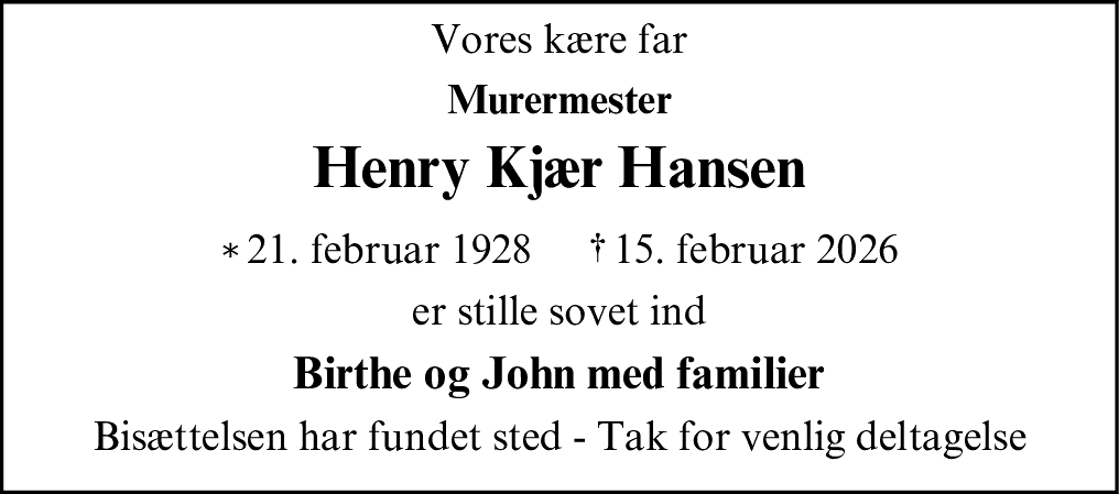 Dødsannonce for Henry Kjær Hansen