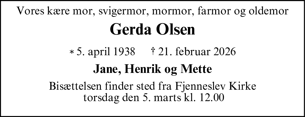 Dødsannonce for Gerda Kristensen Boel Olsen