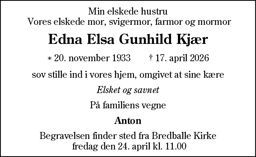 Dødsannonce for Edna Elsa Gunhild Kjær