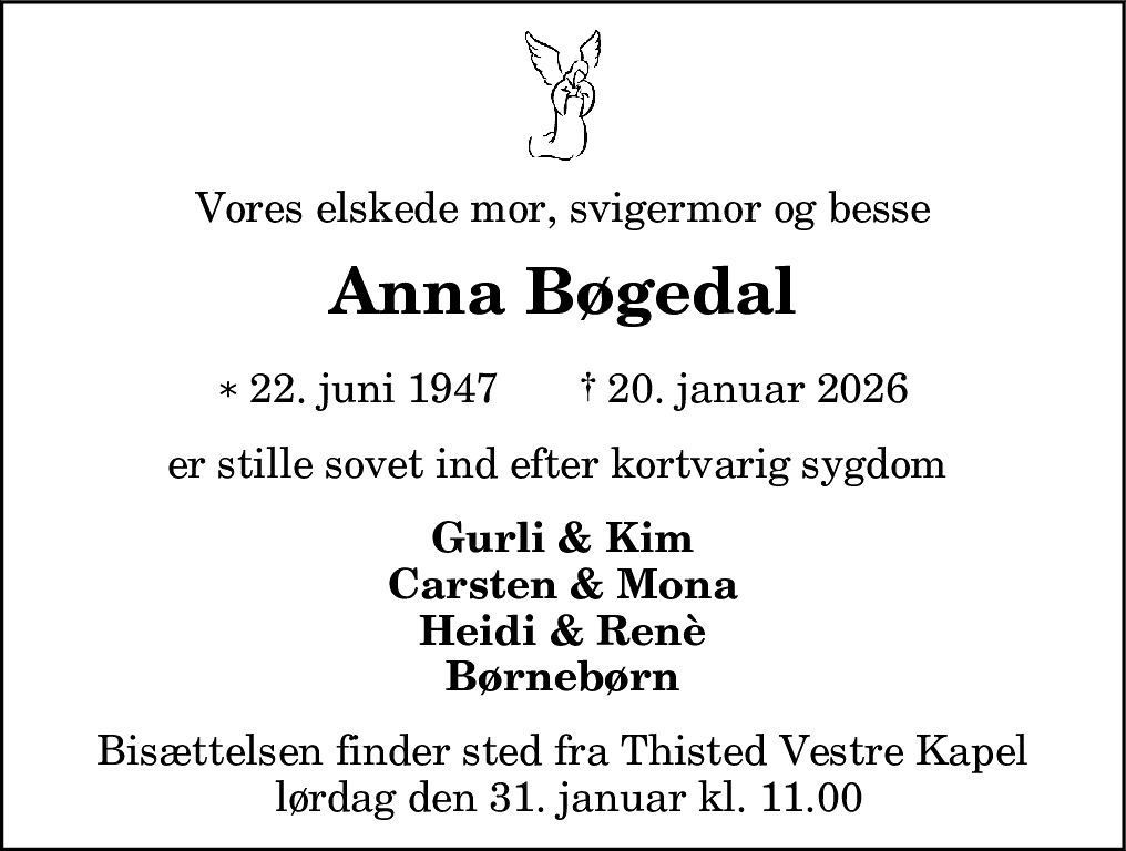 Dødsannonce for Anna Bøgedal