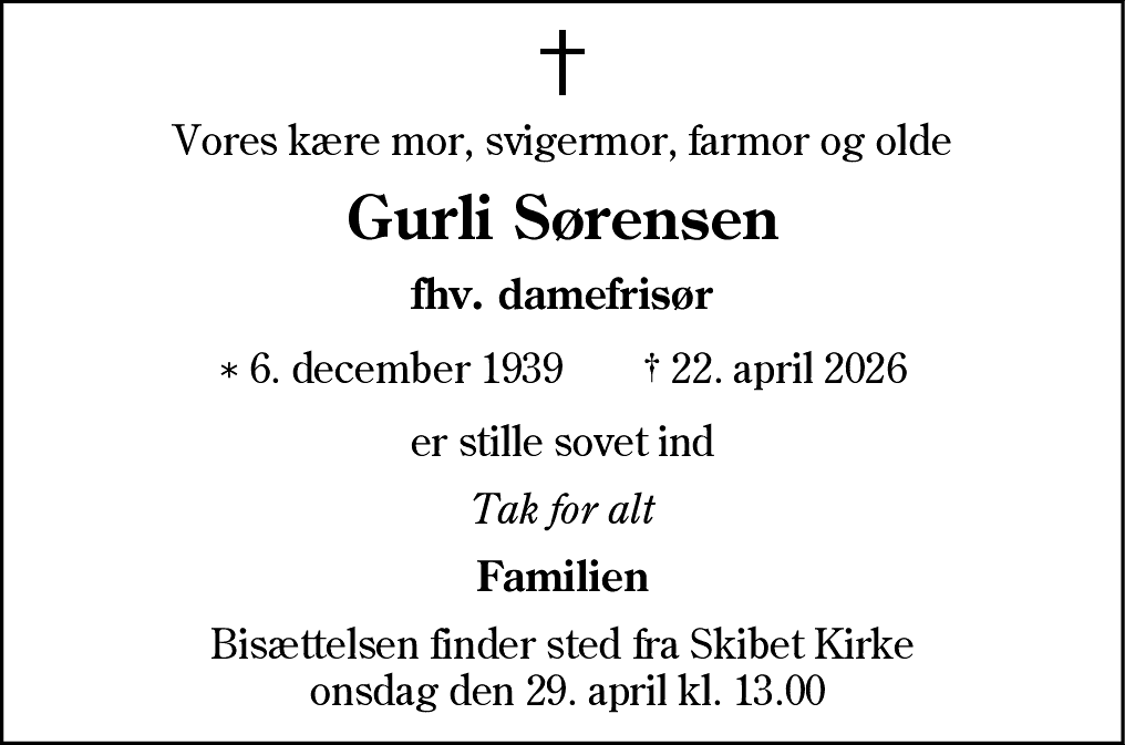 Dødsannonce for Gurli Sørensen